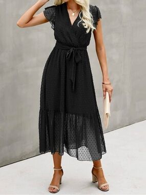 Women's Black Swiss Dot Midi Dress